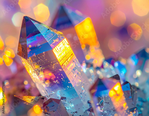 A cluster of crystals with a yellowish tint. The crystals are all different sizes and shapes. They are all facing different directions