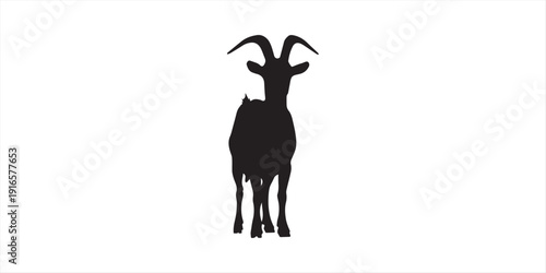 Eid Al Adha greeting design featuring a black goat silhouette with crescent moon and stars on white background.