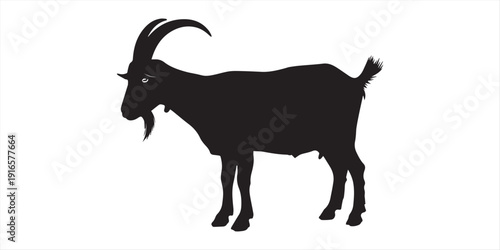 Minimalist vector icon of a goat silhouette with crescent moon and star incorporated for Eid greeting isolated on white background