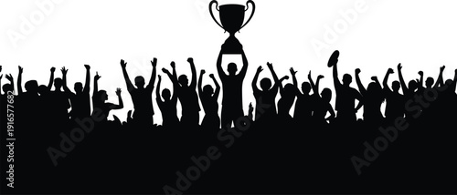 Victorious group silhouette, person holding trophy high, crowd cheering celebration, sports competition success, teamwork unity, achievement ceremony, collective joy moment