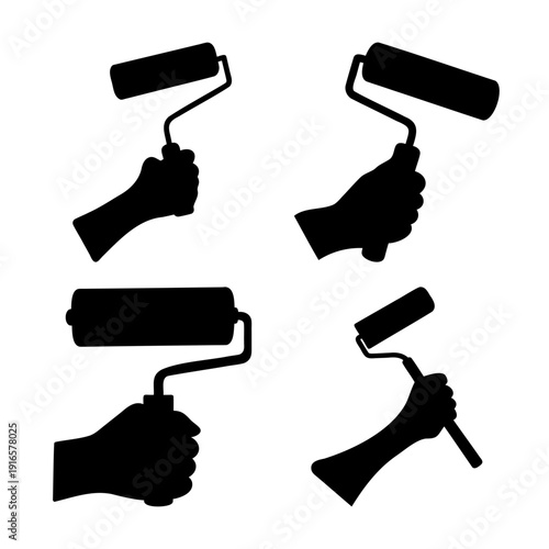 Silhouettes of hands holding paint rollers for home improvement and diy projects