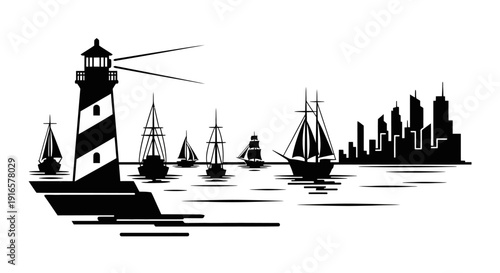 Lighthouse and Sailing Boats Silhouette Illustration.