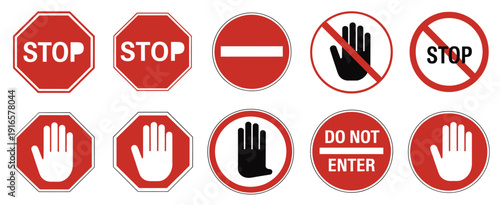 Collection of various red and white road signs including stop and prohibition symbols