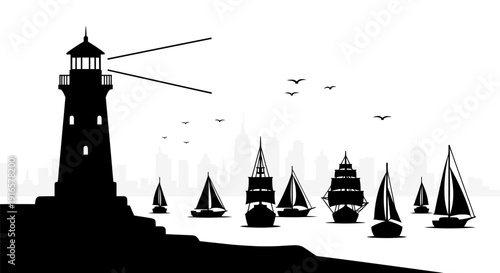 Lighthouse Silhouette with Sailboats and Birds.