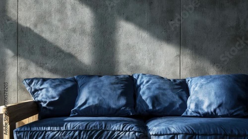 This video depicts a spacious modern living area featuring a blue velvet couch with matching pillows, set against a textured concrete wall. The sunlit room suggests a bright and welcoming atmosphere.