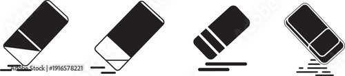 Set of four black eraser icons showing different angles and erasing actions creating smudge lines on transparent background vector illustration