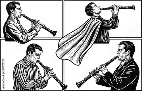 Clarinet Musicians Performing in Different Poses Black and White Line Art Vector Illustration for Jazz and Classical Music Design