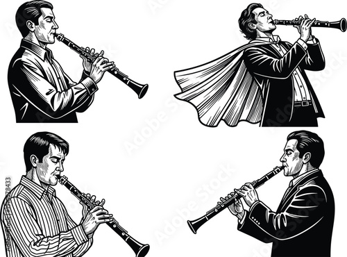 Clarinet player musician vector illustration set featuring men performing classical jazz music detailed black and white artwork