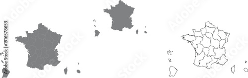 France Map Bundle with Administrative Borders, Solid Silhouette, and Outline Vector