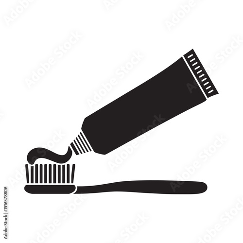 Simple black and white illustration of toothpaste and toothbrush