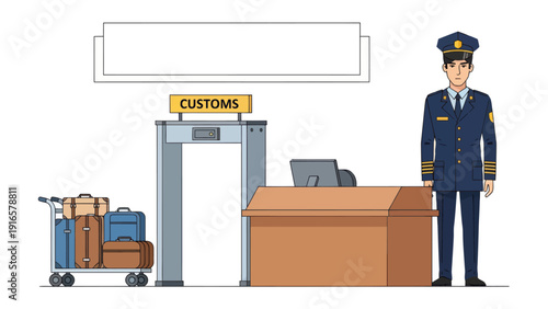 Customs Officer at Airport Security Checkpoint with Luggage and Metal Detector.
