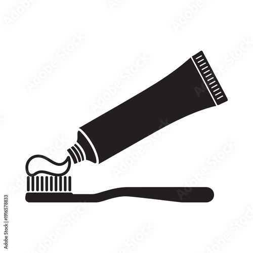 Black and white illustration of toothpaste being squeezed onto a toothbrush
