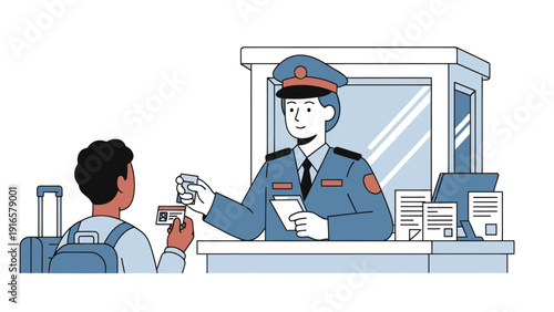 Border Control Officer Inspecting Passport at Immigration Checkpoint.