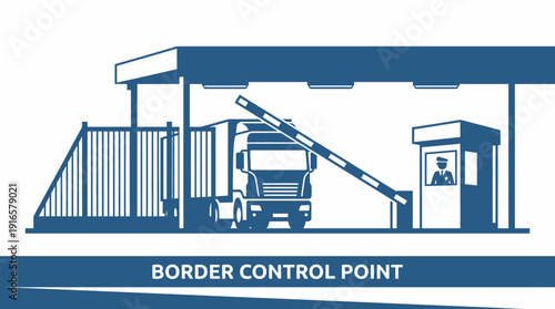 Border Control Point with Truck and Security Booth. Vector Illustration. EPS Editable
