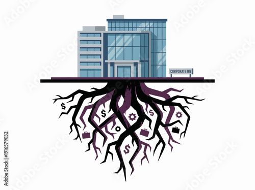Business building with deep roots symbolizing financial foundation and growth. Vector Illustration. EPS Editable