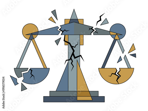 Broken scales of justice symbolizing imbalance and legal failure. Vector Illustration. EPS Editable