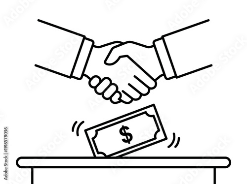 Business handshake agreement with money falling into a box. Vector Illustration. EPS Editable
