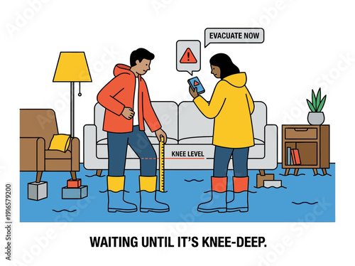 Couple in a flooded living room receiving an evacuation alert on their phone. Vector Illustration. EPS Editable