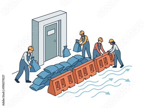 Construction workers building flood defense with sandbags and barriers. Vector Illustration. EPS Editable