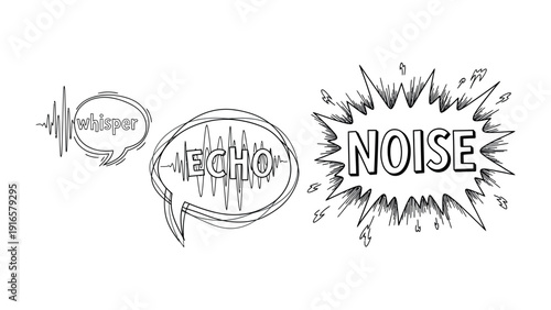 Sound Concept: A captivating illustration explores the essence of sound through the visual representation of whisper, echo, and noise.