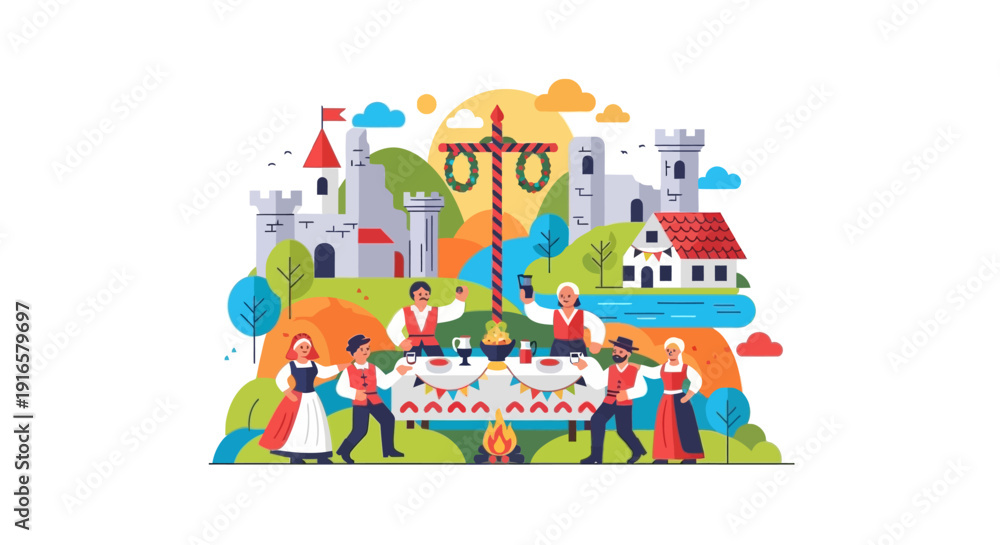 Fototapeta premium Cartoon People Celebrating with Cake and Gifts.
