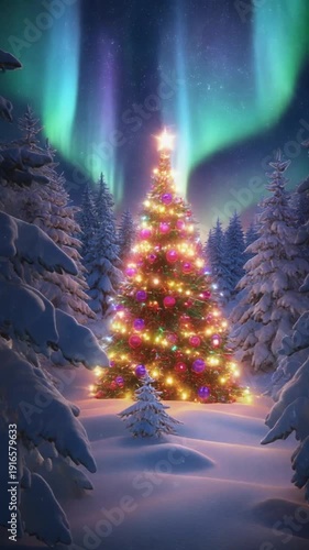 A brightly lit Christmas tree stands in a snowy forest under the aurora borealis, surrounded by snow-covered trees