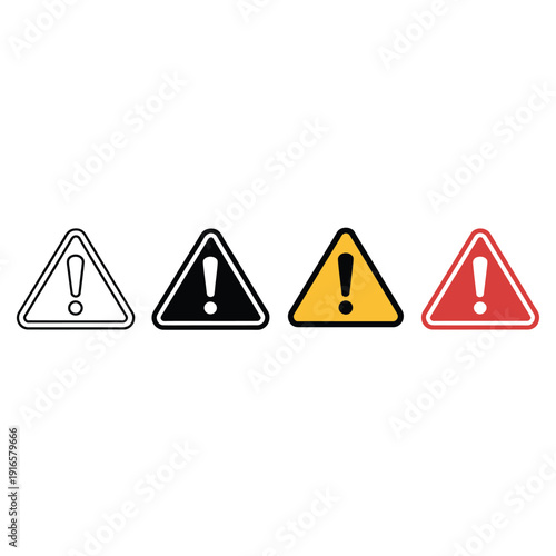 Four warning signs in different colors grayscale black yellow and red