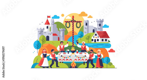 Cartoon People Celebrating with Cake and Gifts.