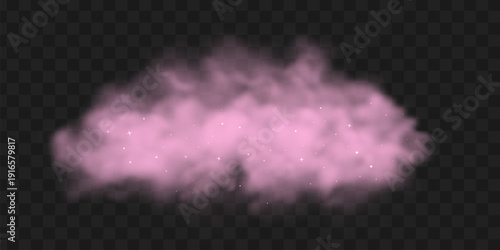 Pink smoke cloud with glitter on black transparent background. Magic rose fog with sparkle.