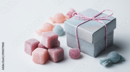 Pastel gift box with candies on soft background