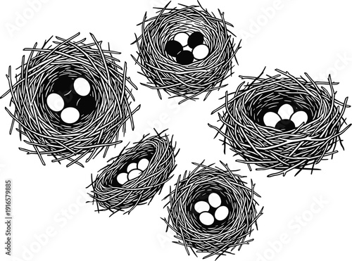 Bird nest silhouettes with eggs, wildlife nature habitat vector illustration collection isolated on white background, spring breeding concept artwork