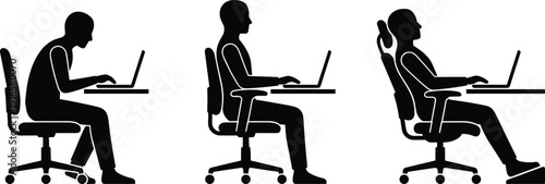Ergonomic, office, posture, sitting, positions, computer, workstation, laptop, chair, alignment, back, pain, prevention, footrest, lumbar, support, productivity, workplace, health, illustration
