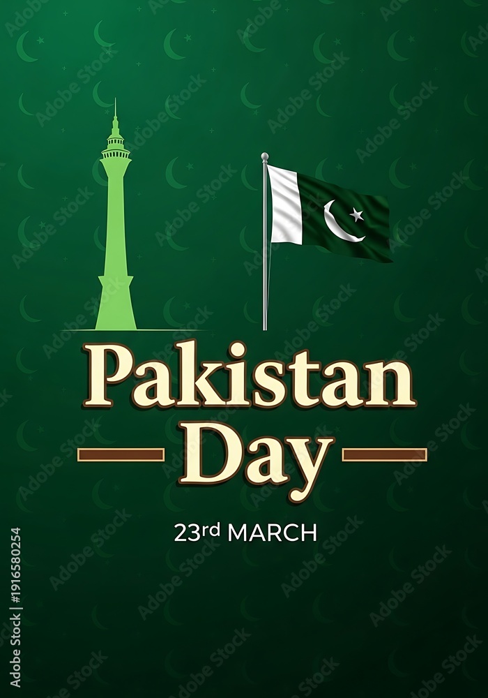 Obraz premium Pakistan day celebration with flag and tower on green background