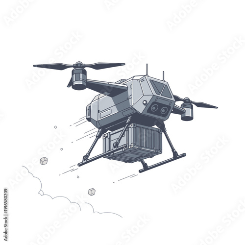 Cargo Drone Flying in Low Gravity Icon for Space Logistics and Delivery