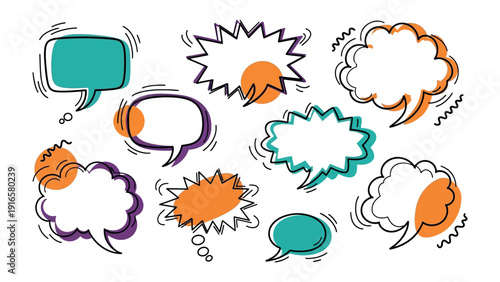 Drawn Speech Bubbles: A collection of dynamic and whimsical speech bubbles, perfect for conveying thoughts, ideas, and messages with a touch of artistic flair. 