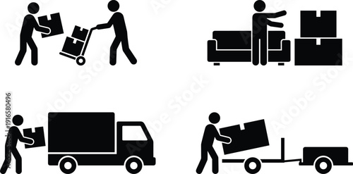 Moving service silhouettes, delivery workers carrying boxes, logistics transportation, loading truck, furniture relocation, warehouse handling, courier shipping concept, isolated vector illustration