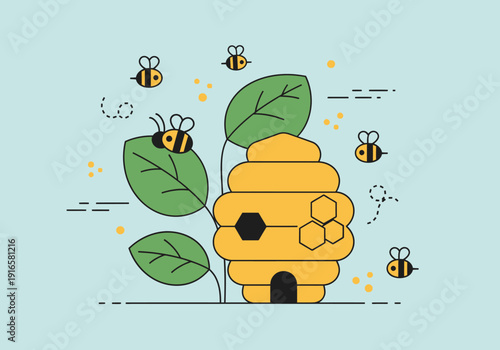 Cute Beehive with Bees and Leaves Illustration.