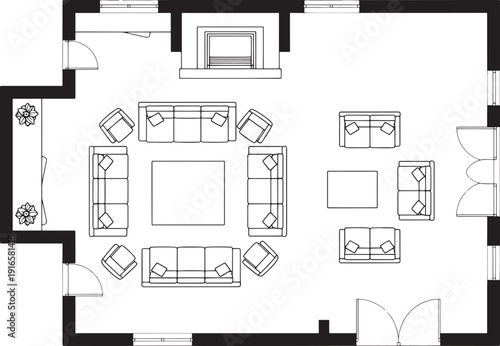 Stylish and functional interior design: top-down view of a sophisticated living room layout. 