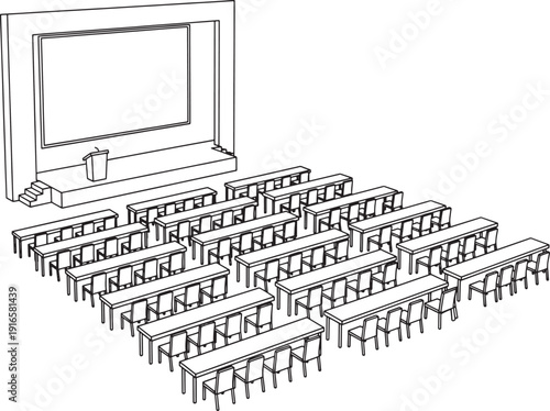 An empty conference hall prepared for a presentation, with rows of chairs facing a stage with a screen, conveying a sense of anticipation and focus.