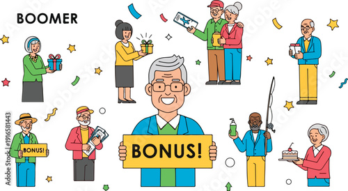 Delightful illustration of seniors enjoying retirement with bonuses and gifts, conveying happiness and financial security