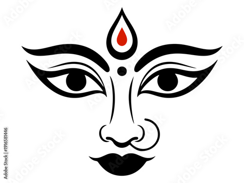 Stylized depiction of a goddess's face with prominent eyes and a nose ring