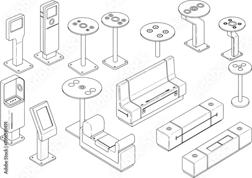 Modern design public space furniture sketched in a minimalistic approach in a conceptual black and white composition. 