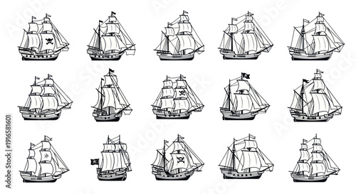 Collection of Vintage Pirate Ships Sailing on White Background