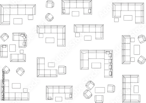 Various layout illustrations of elegant sofa designs, showcasing a range of styles and configurations in an architectural drawing. 