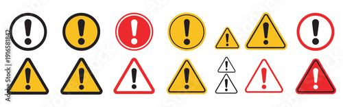 Caution icon set, warning symbols with exclamation marks, flat and outline styles, vector icons for safety, alerts, and hazard notifications