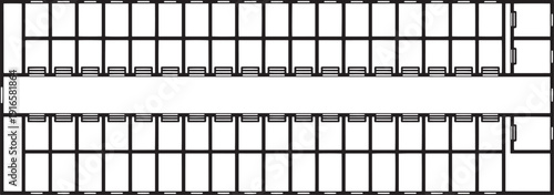 A detailed top-down view of a modern skyscraper's floor plan, representing a vast office space. 