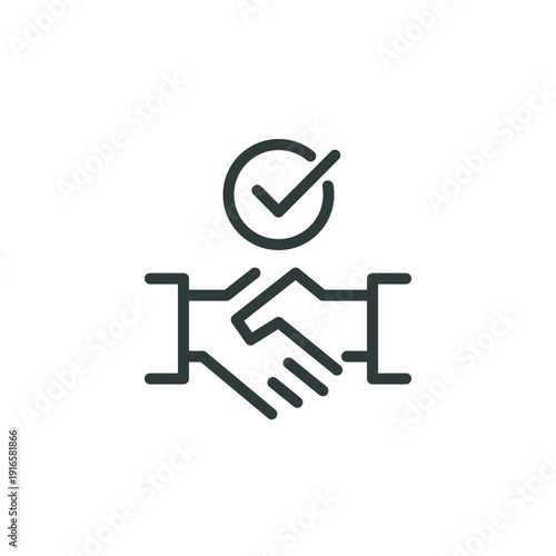 Conclusion agreement, partnership deal thin outline icon. Minimalist line sign two hands in hand shake and check mark. Vector isolated pictogram perfect for web and app or infographic editable stroke.
