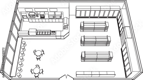 An overhead view showcases a modern and sleek interior design of a retail store, with lines and outlines that provides a clear and detailed view of the space.