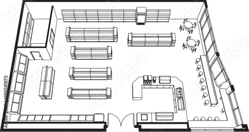 A bird's-eye view captures an architectural perspective of a modern store layout, with various shop's fixtures in a business environment. 