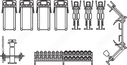 Top-down illustration of a modern gym with various exercise machines, dumbbells and barbell. The image provide the basic of gym tools